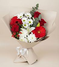 Букет цветов из:  Розы, Хризантемы, Герберы и Лилии в Силикатном