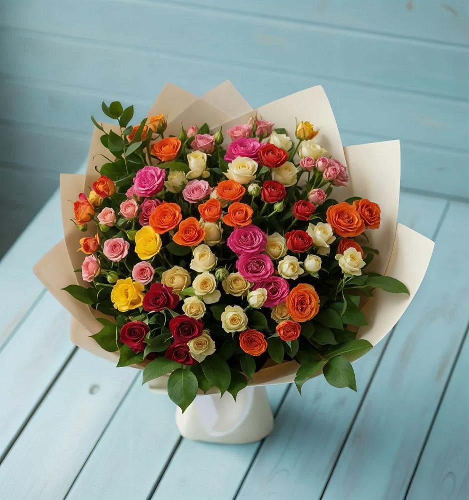 Букет Микс из разноцветных кустовых роз в Силикатном