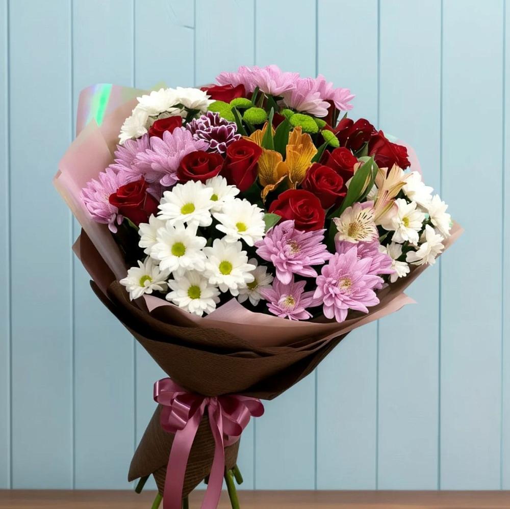 Букет цветов из: Розы, Хризантемы и Альстромерии в Силикатном