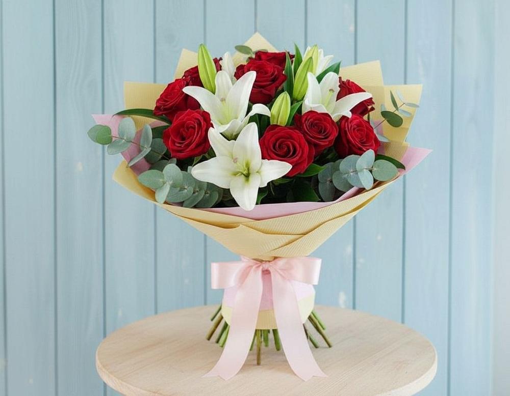 Букет цветов из: Лилии и Розы в Силикатном