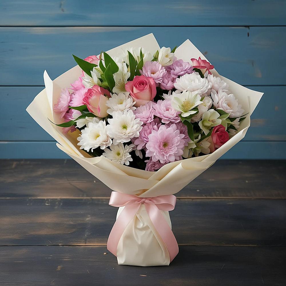 Букет цветов из: Хризантемы, Альстромерии и Розы в Силикатном